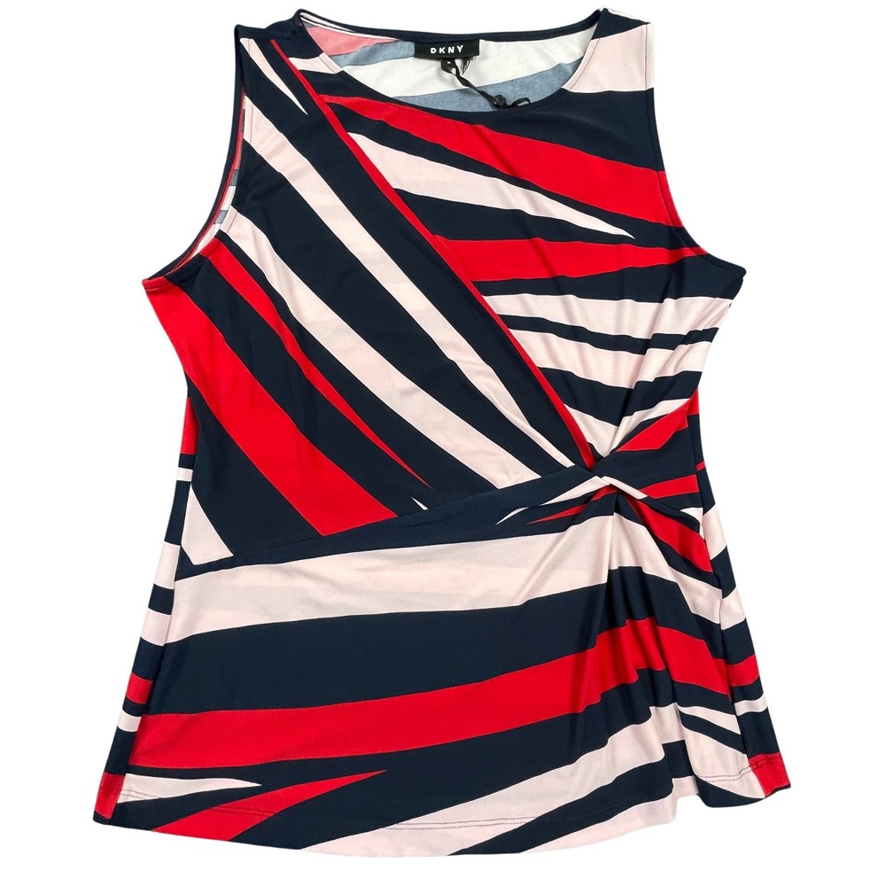 DKNY Twist‎ Front Sleeveless Stretch Blouse Top Colorblock Red Navy Pink XL NWT